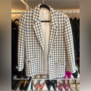 Sandro Blue Beige Cailana Houndstooth Tweed Cotton Check Blazer.